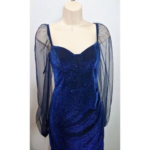 Shein‎ Belle Womens Blue Glitter Dress Asymmetric Hem Sheer Sleeve XS
